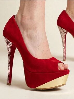 Red Studded Suede High Heel Pumps